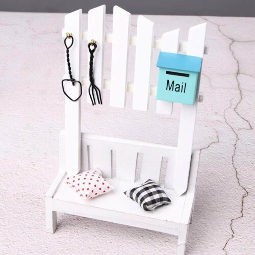 miniature wooden picket fence with blue mailbox mini