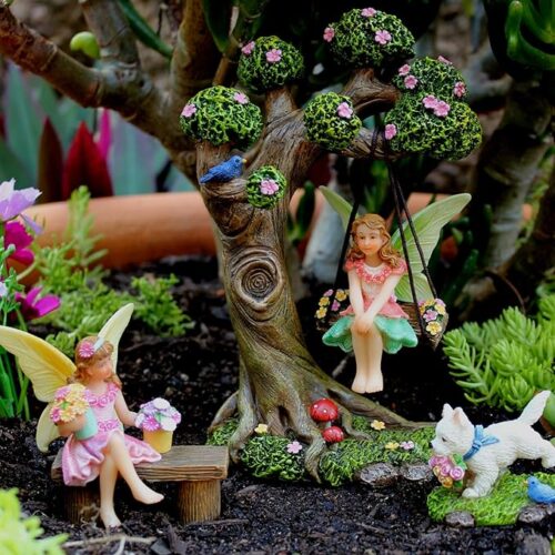 fairy garden outdoor kit with garden fairies including miniature garden fairy figurines, tree swing & puppy