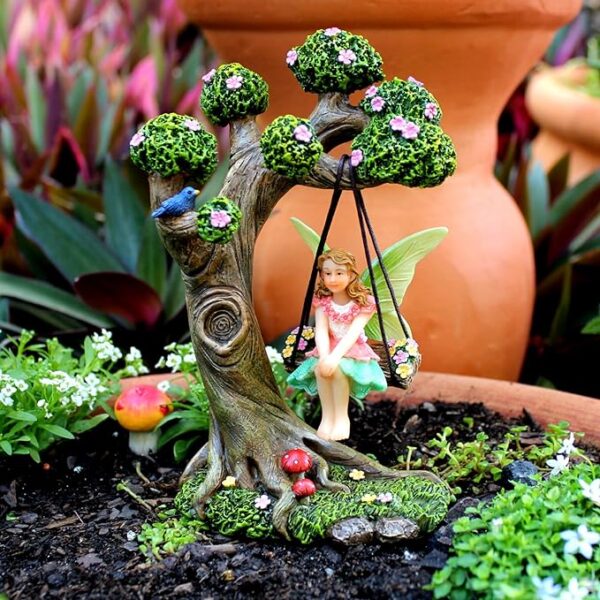 fairy garden outdoor kit with garden fairies including miniature garden fairy figurines, tree swing & puppy