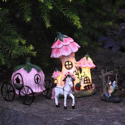 resin fairy garden miniature floral roof cottage with solar led lights, carriage, horse, & fairy in a swing