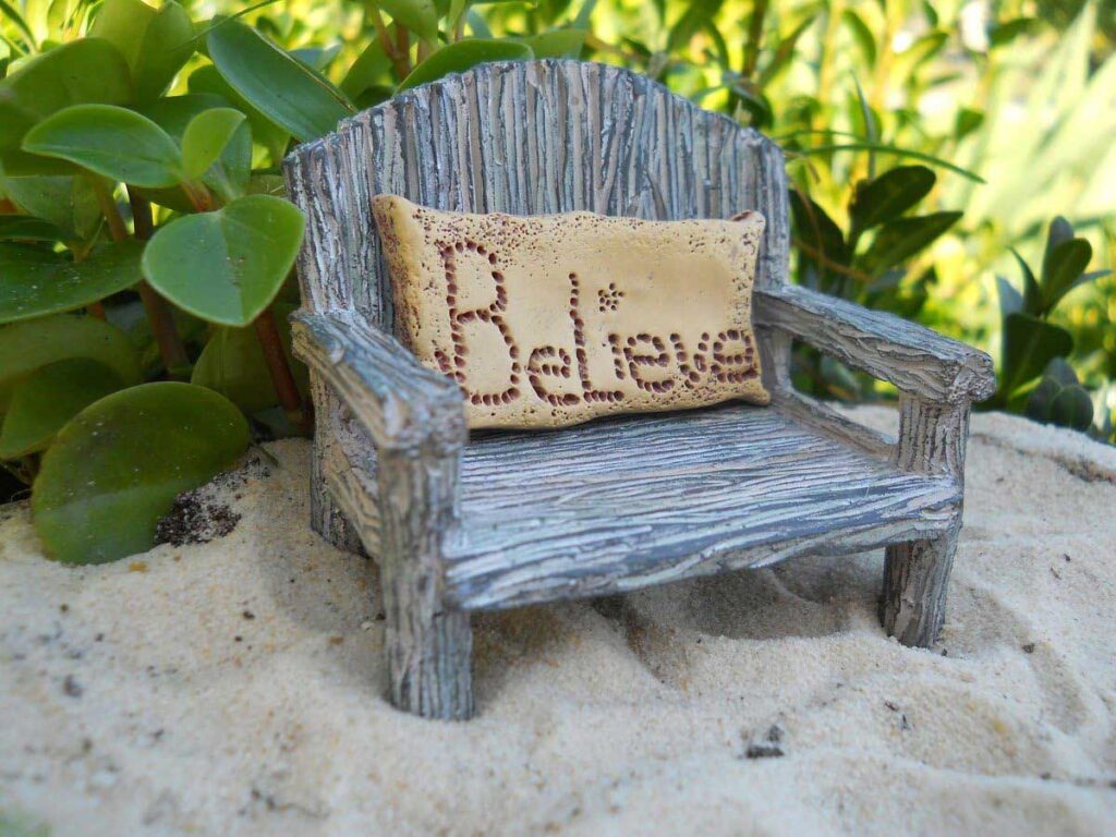 fairy garden fairy bench with believe pillow