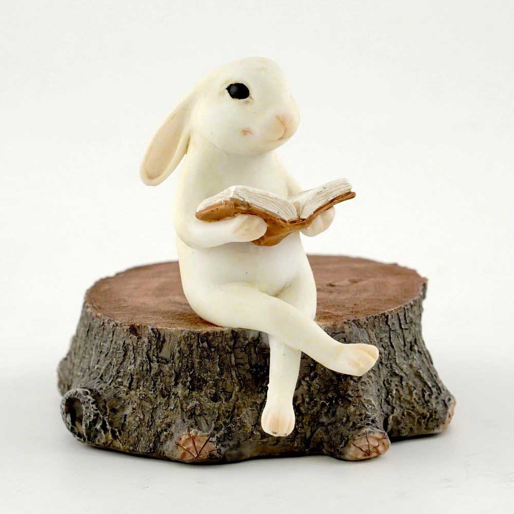 top collection miniature fairy garden & terrarium bunny reading on stump statue, small, ivory