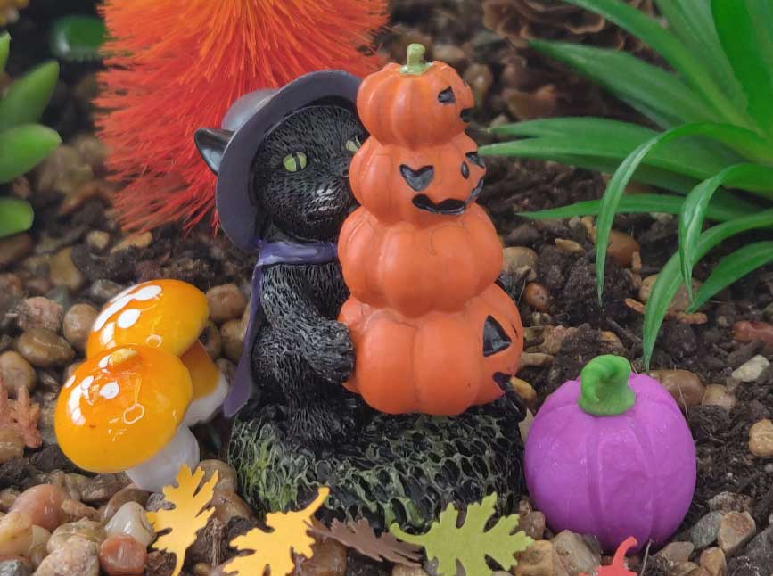 black cat wearing a hat with a stack of orange pumpkins and mushroom, fairy garden, dollhouse, miniature