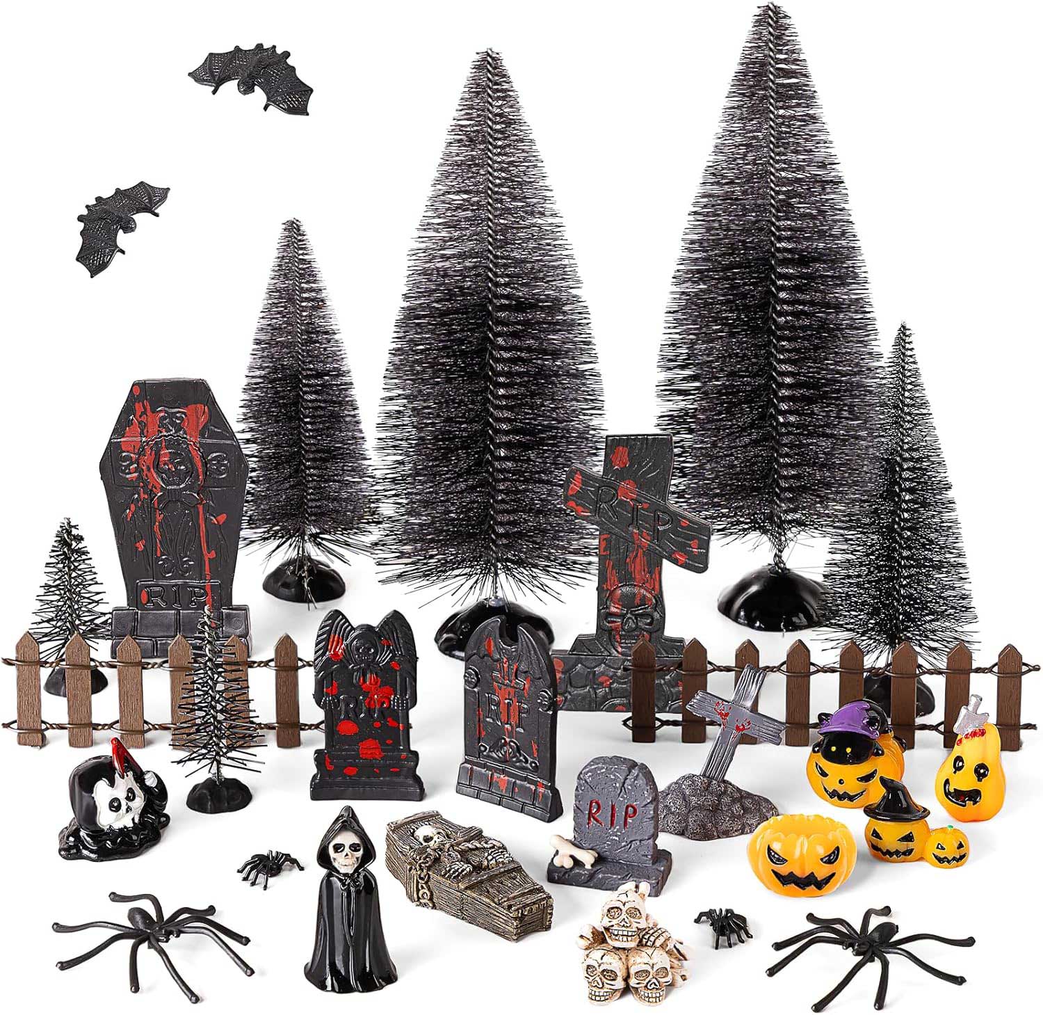 halloween village ornaments accessories miniatures include pumpkins skeletons scary dead warlock tombstones coffin spiders pine trees fence figurines for hallowmas party décor