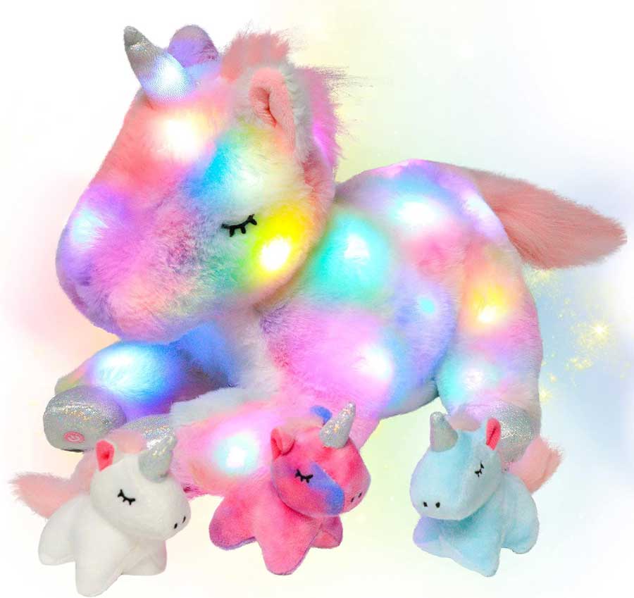 hopearl led plush unicorn lighting up stuffed mommy unicorn with 3 baby unicorns in her tummy stuffed animal playset night lights glow in the dark for mom toddler girls