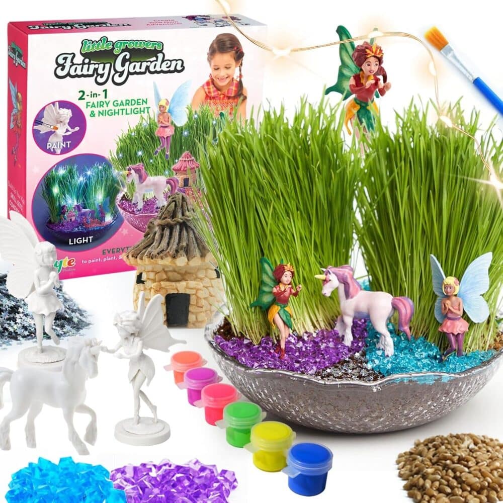 bryte all inclusive unicorn fairy garden kit with led lights, paint set