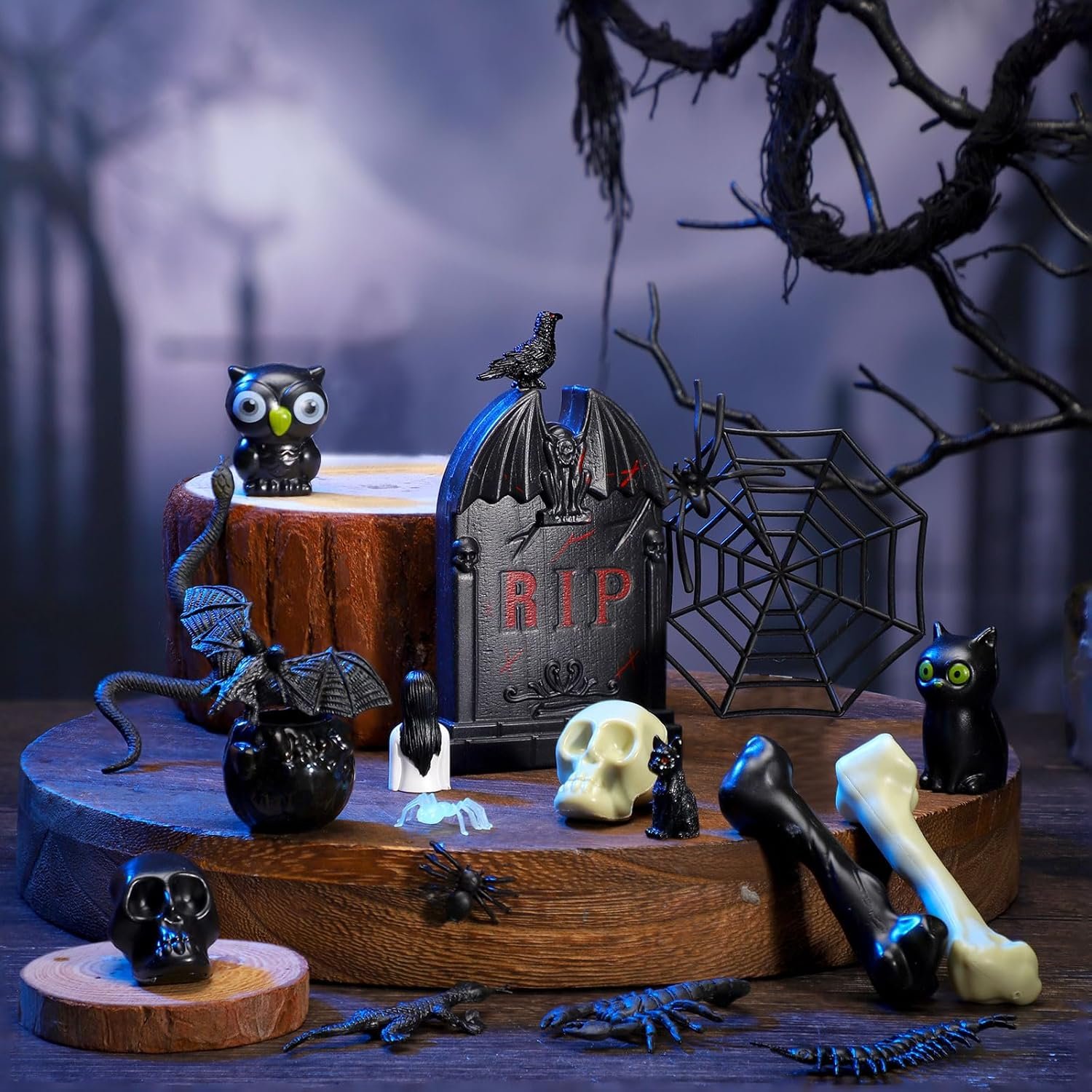 44 pcs halloween mini figures skeleton, bat, ghost, owl and more