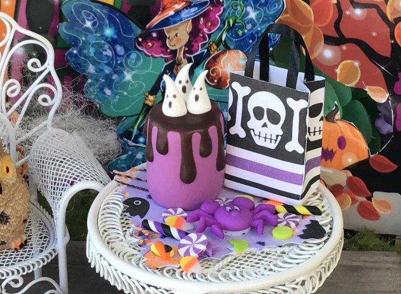 boo, adorable halloween ghost cake, miniature, fairy garden, dollhouse, purple cake, halloween trick or treat bag, purple spider, candy