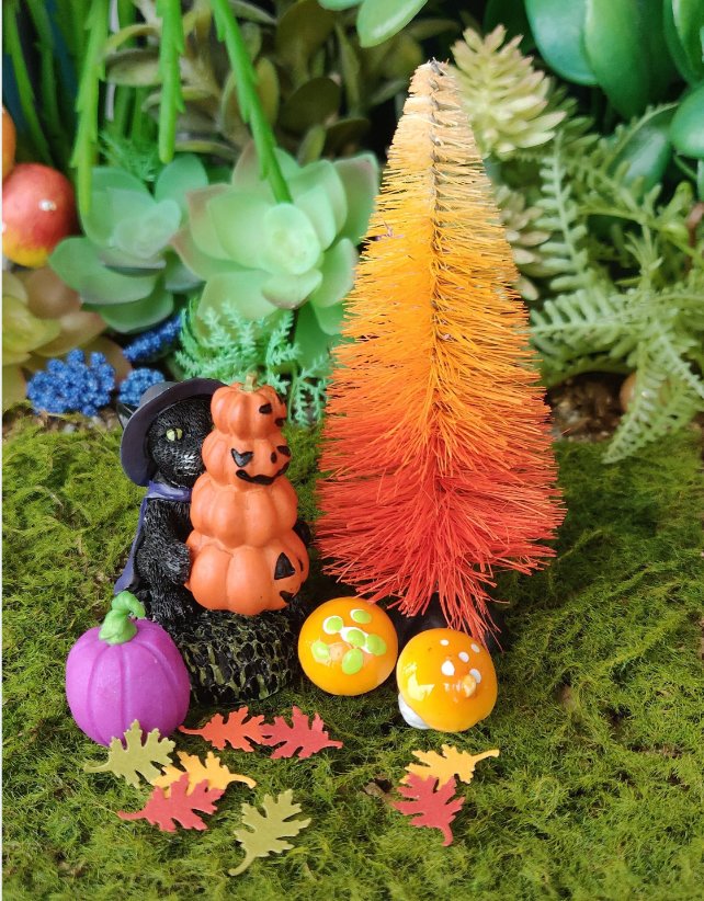 halloween black cat with lavender cape, miniature, dollhouse, fairy garden