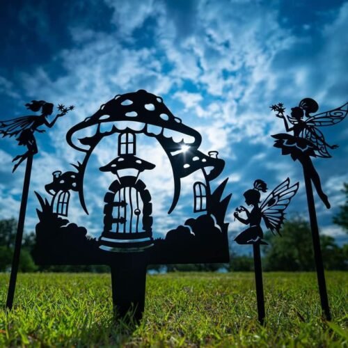 4 metal fairy garden stakes with fairies & mushroom house