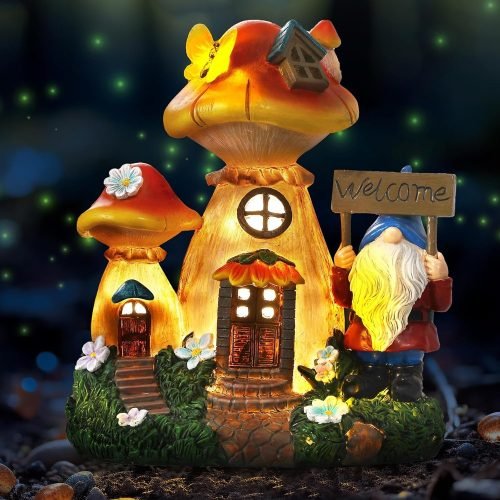 solar garden mushroom fairy house with a welcome gnome